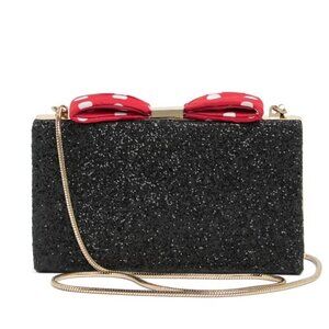 Kate Spade Womens Black Glitter Minnie Mouse Polka Dot Bow Clasp clutch Bag New